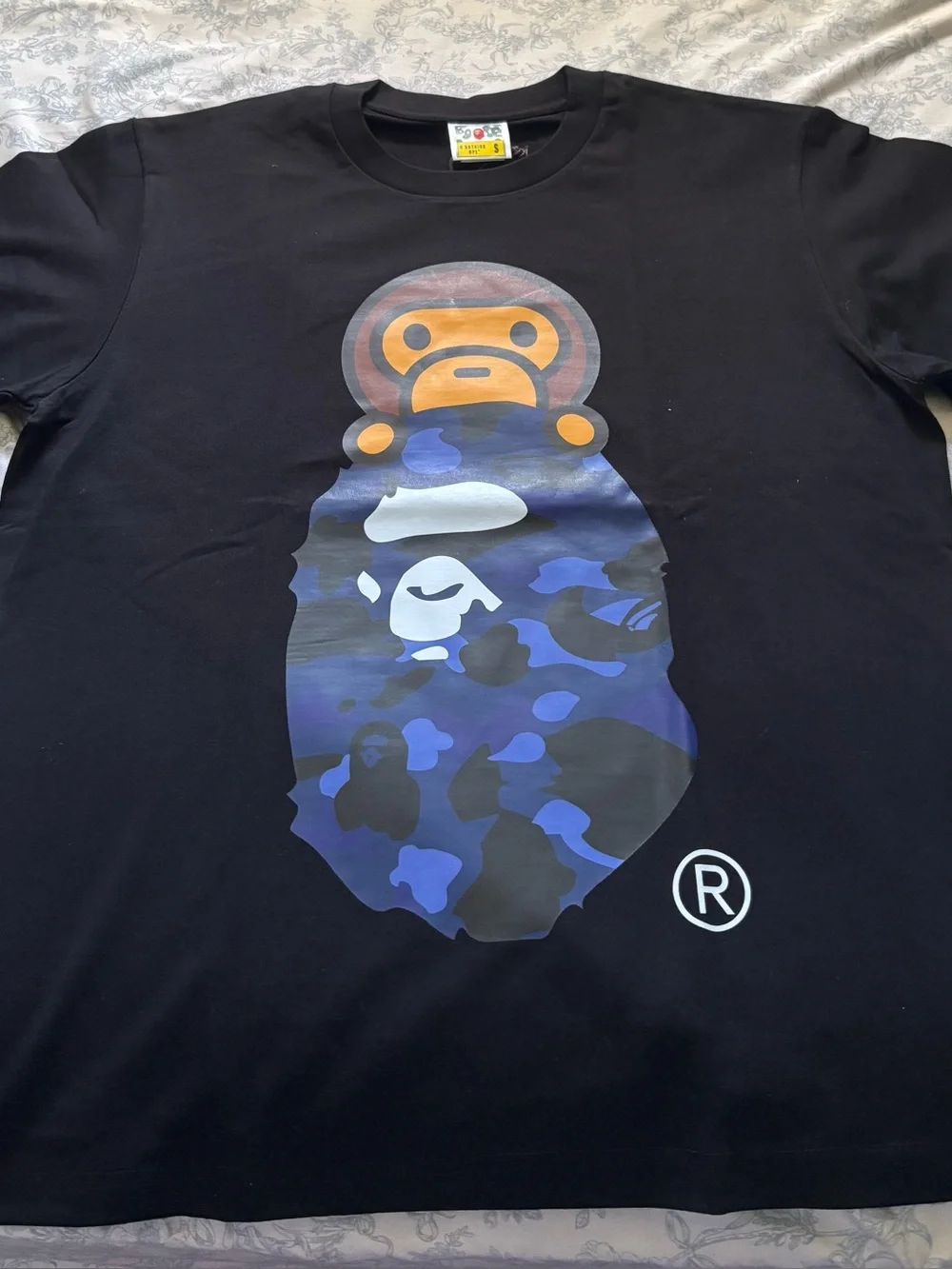 Bape Black Tee with Blue Camo Ape Head